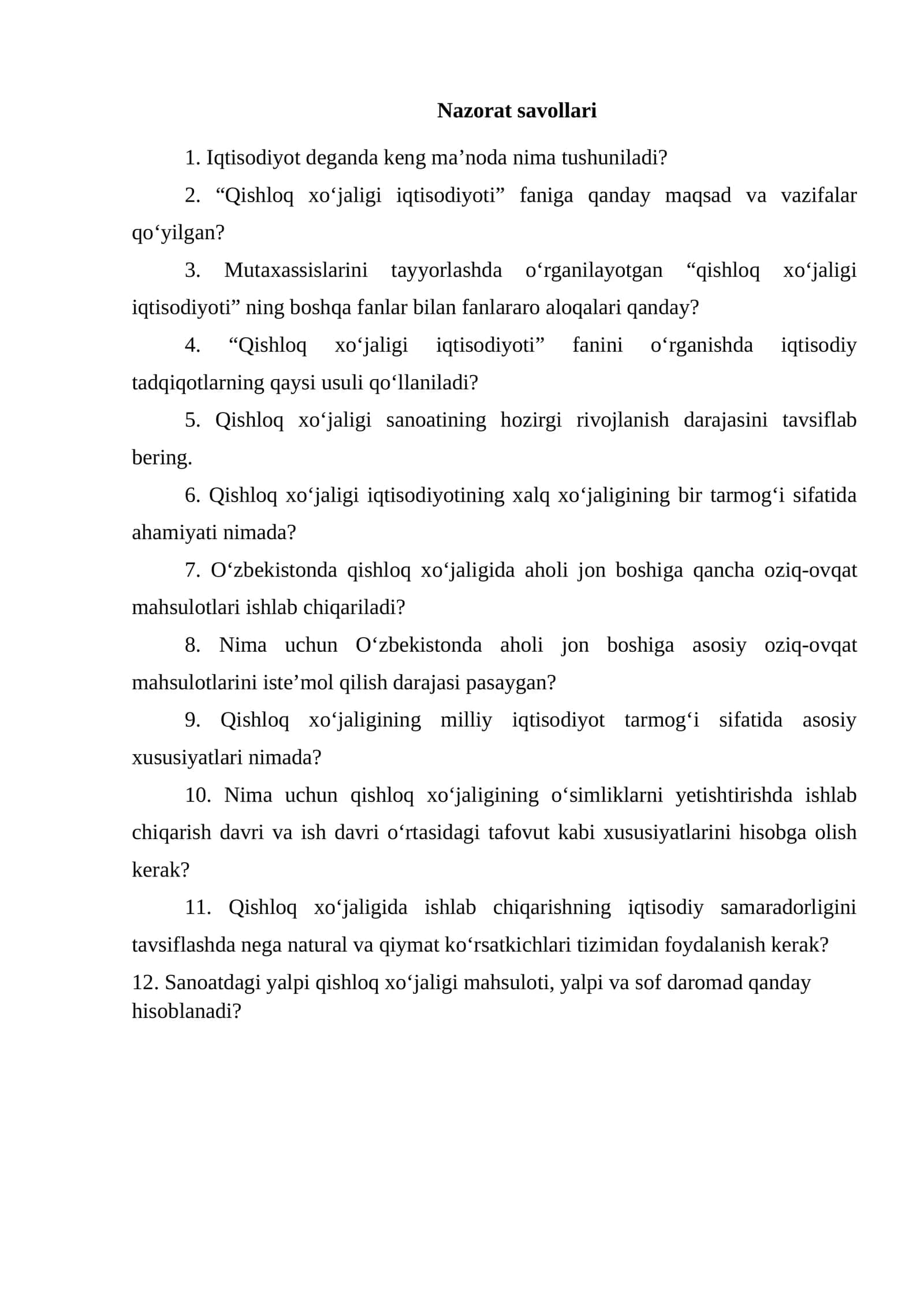 Qishloq xo‘jaligi iqtisodiyoti nazorati