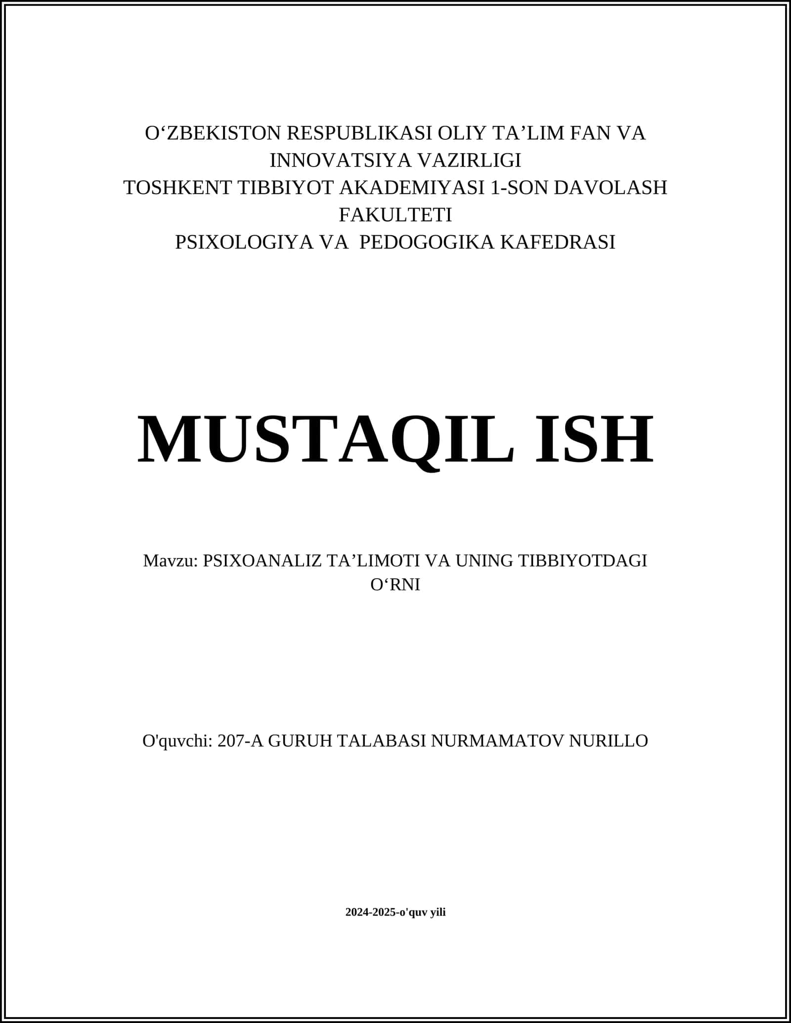 PSIXOANALIZ TAʼLIMOTI VA UNING TIBBIYOTDAGI OʻRNI