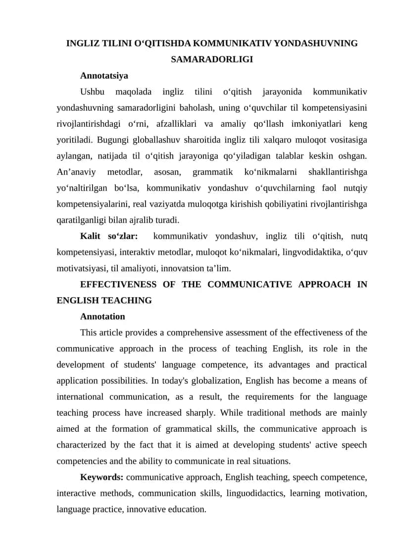 INGLIZ TILINI O‘QITISHDA KOMMUNIKATIV YONDASHUVNING SAMARADORLIGI