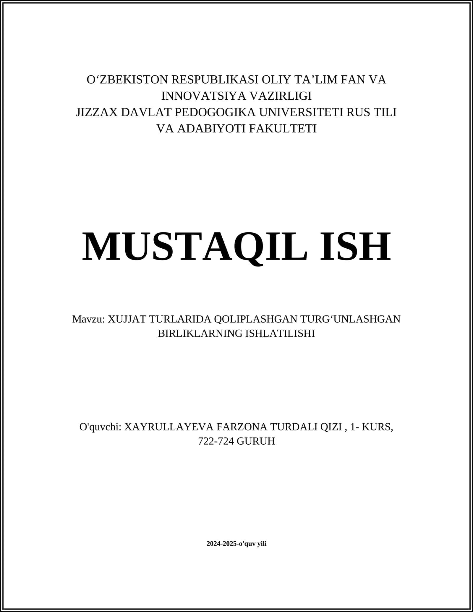 XUJJAT TURLARIDA QOLIPLASHGAN TURGʻUNLASHGAN BIRLIKLARNING ISHLATILISHI