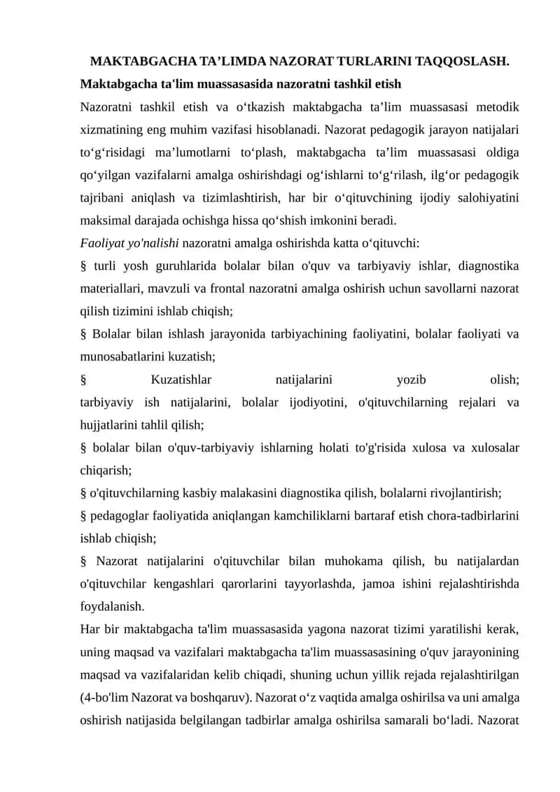 Maktabgacha taʼlimda nazorat turlarini taqqoslash
