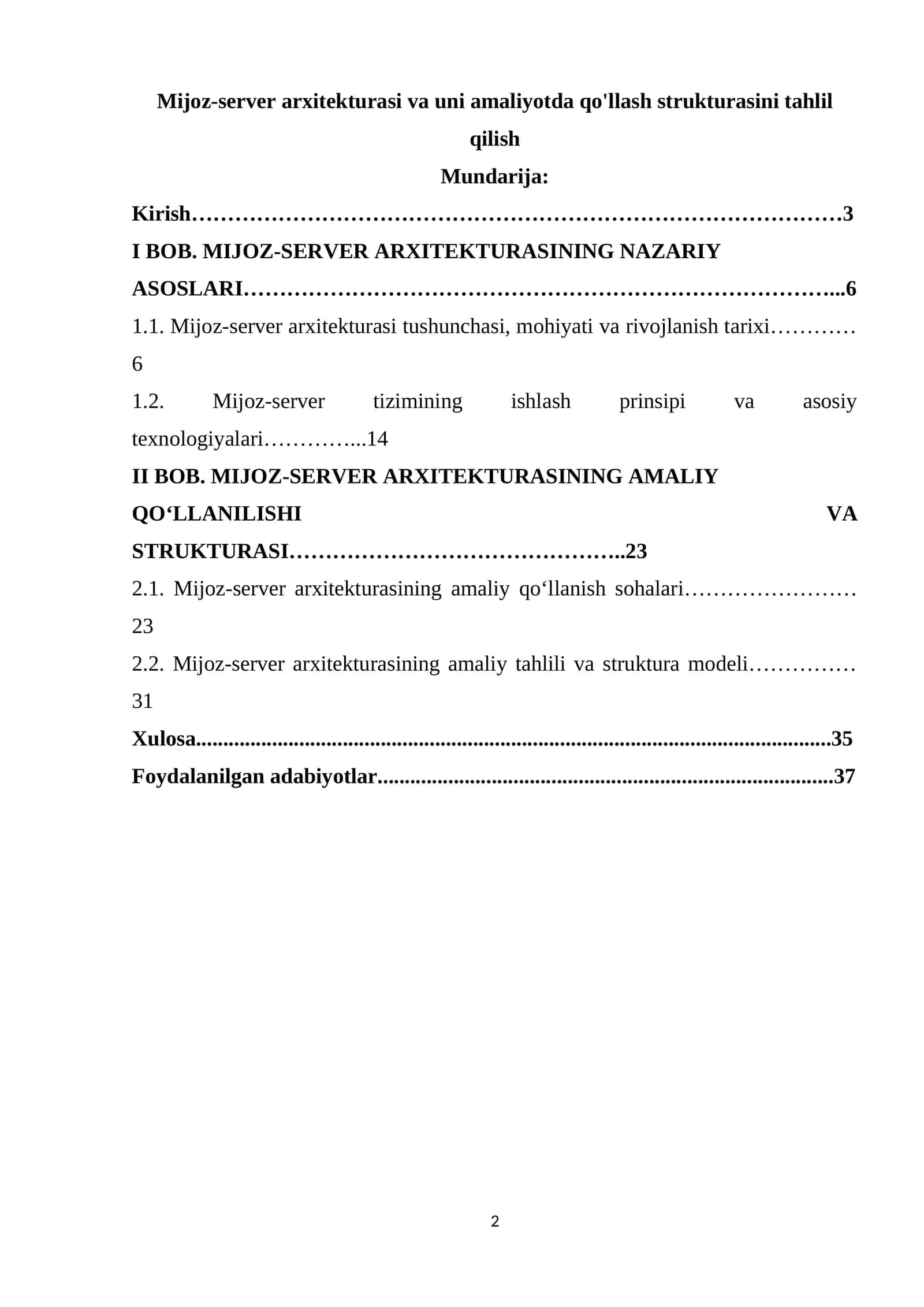 Mijoz-server arxitekturasi va uni amaliyotda qo'llash strukturasini tahlil qilish