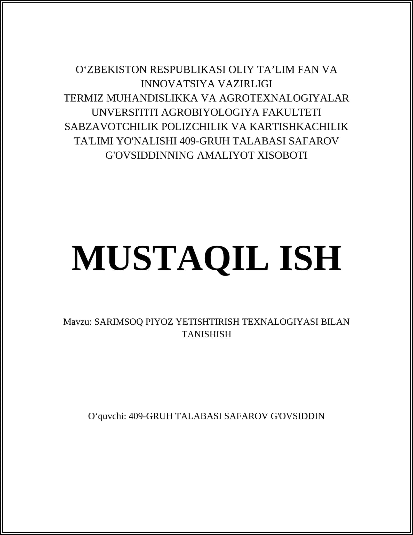 SARIMSOQ PIYOZ YETISHTIRISH TEXNALOGIYASI BILAN TANISHISH