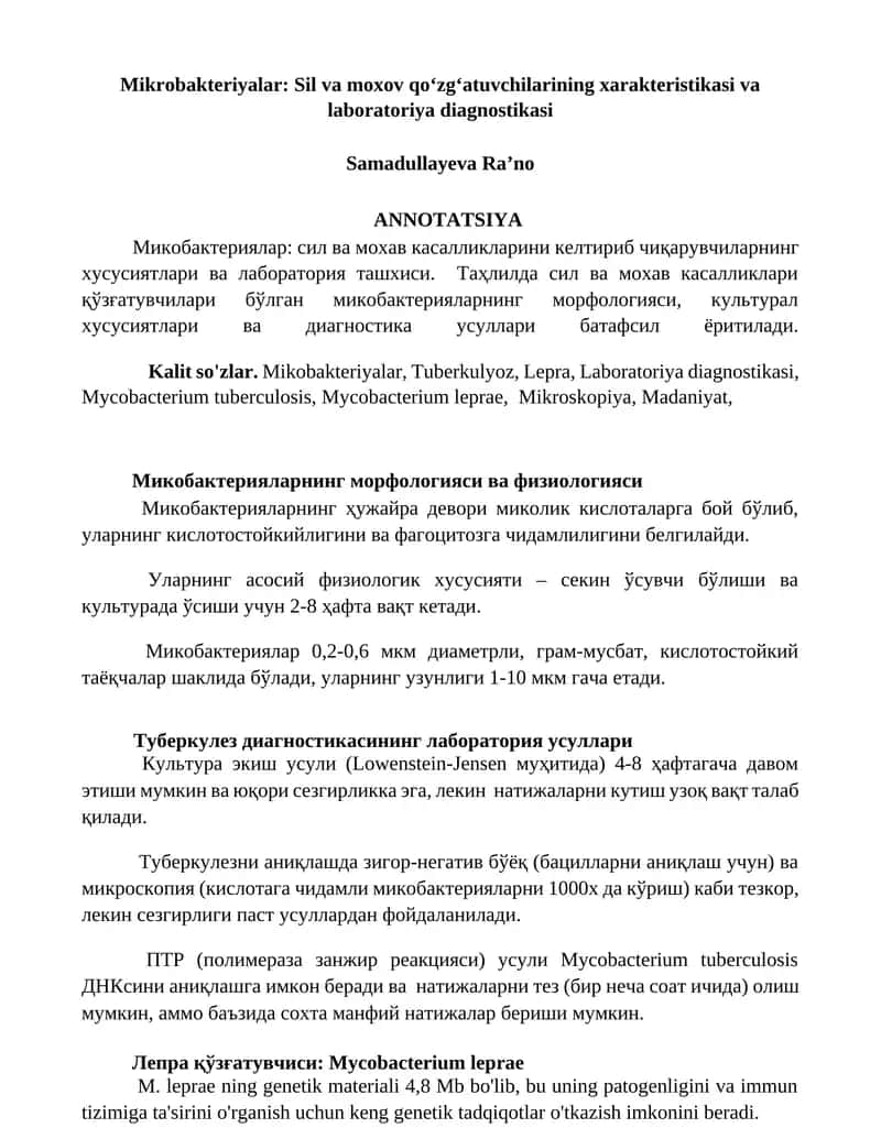 Mikrobakteriyalar: Sil va moxov qoʻzgʻatuvchilarining xarakteristikasi va laboratoriya diagnostikasi