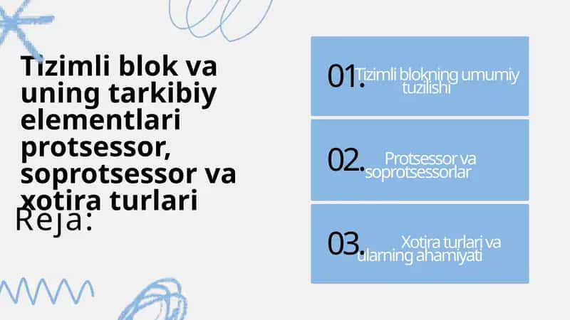 Tizimli blok va uning tarkibiy elementlari protsessor, soprotsessor va xotira turlari