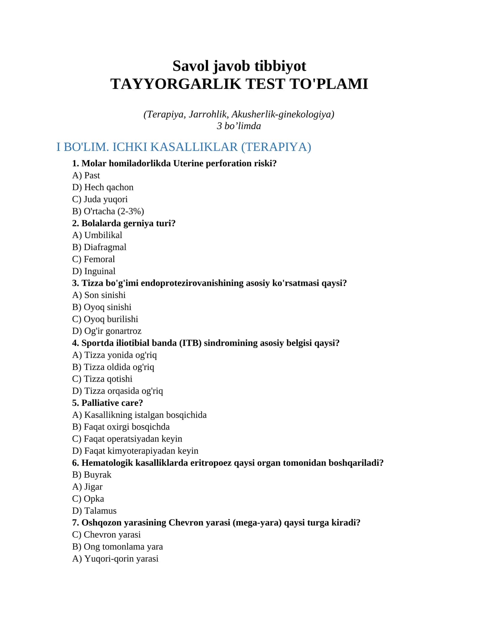 Tibbiyot savol-javob to'plami