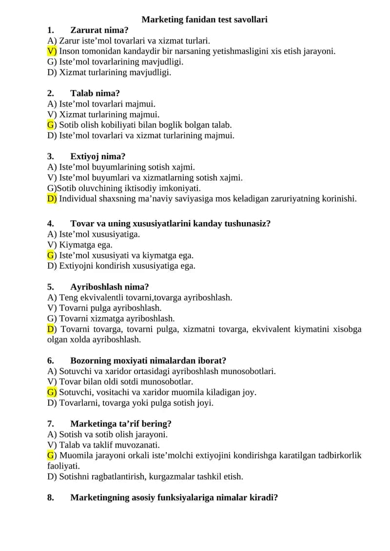 Marketing fanidan test savollari