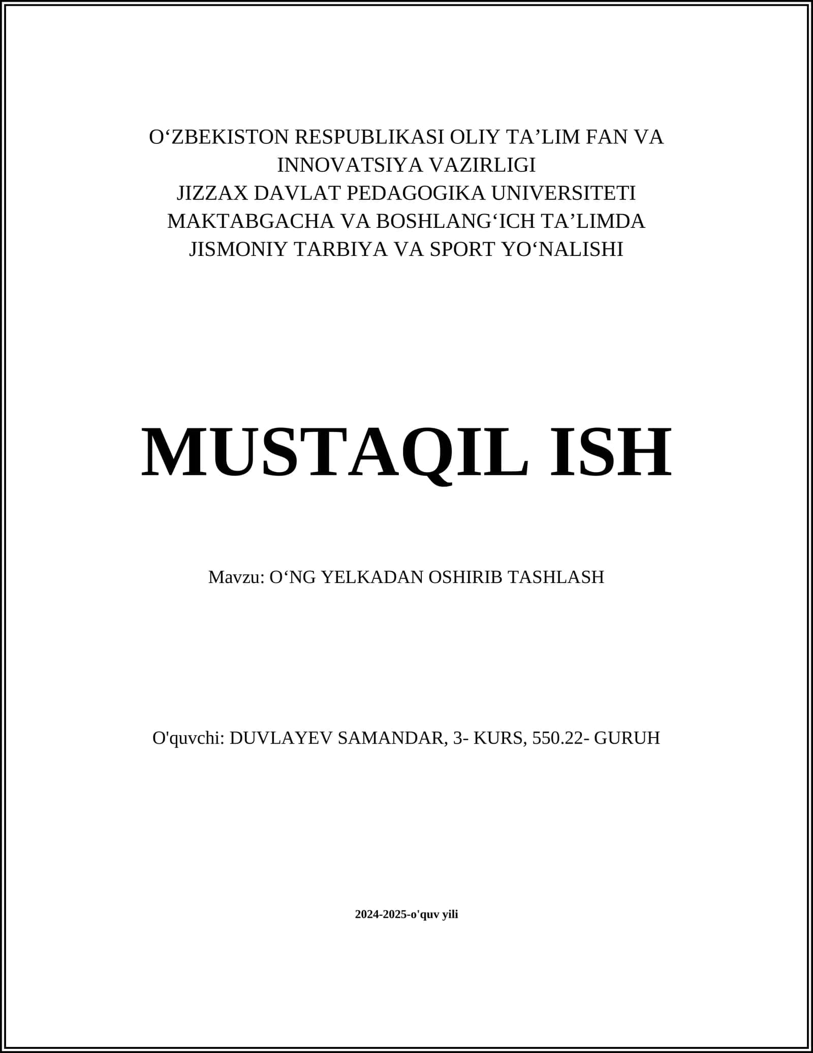 OʻNG YELKADAN OSHIRIB TASHLASH
