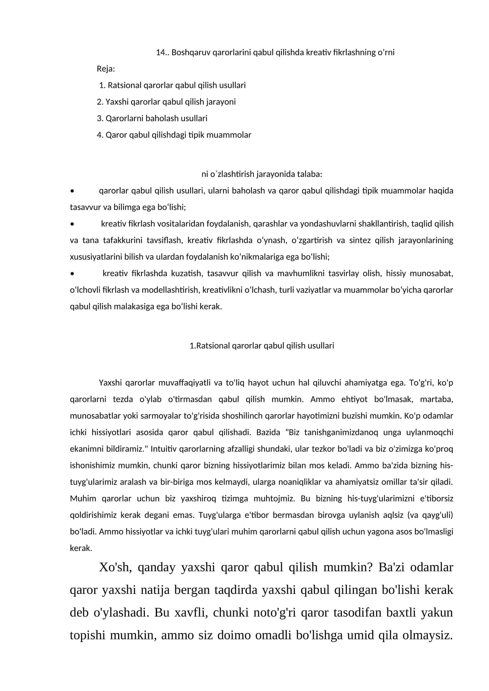 Kreativ fikrlashning o’rni