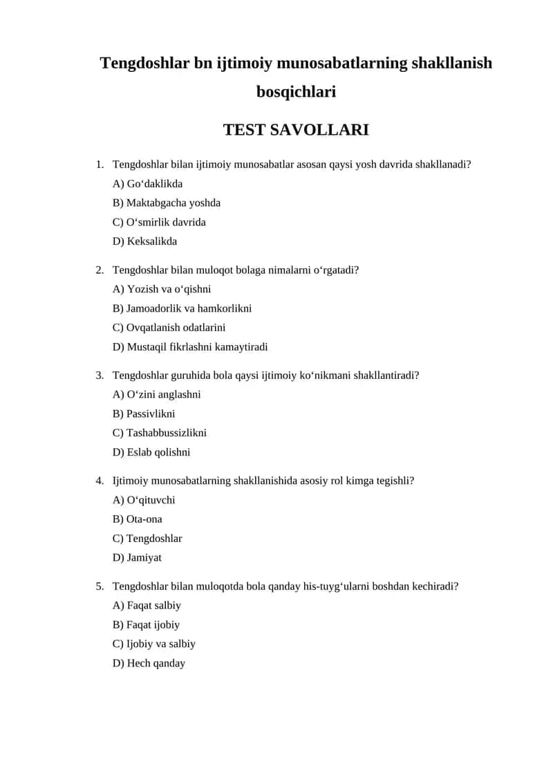 Tengdoshlar bn Ijtimoiy Munosabatlarning Shakllanish Bosqichlari
