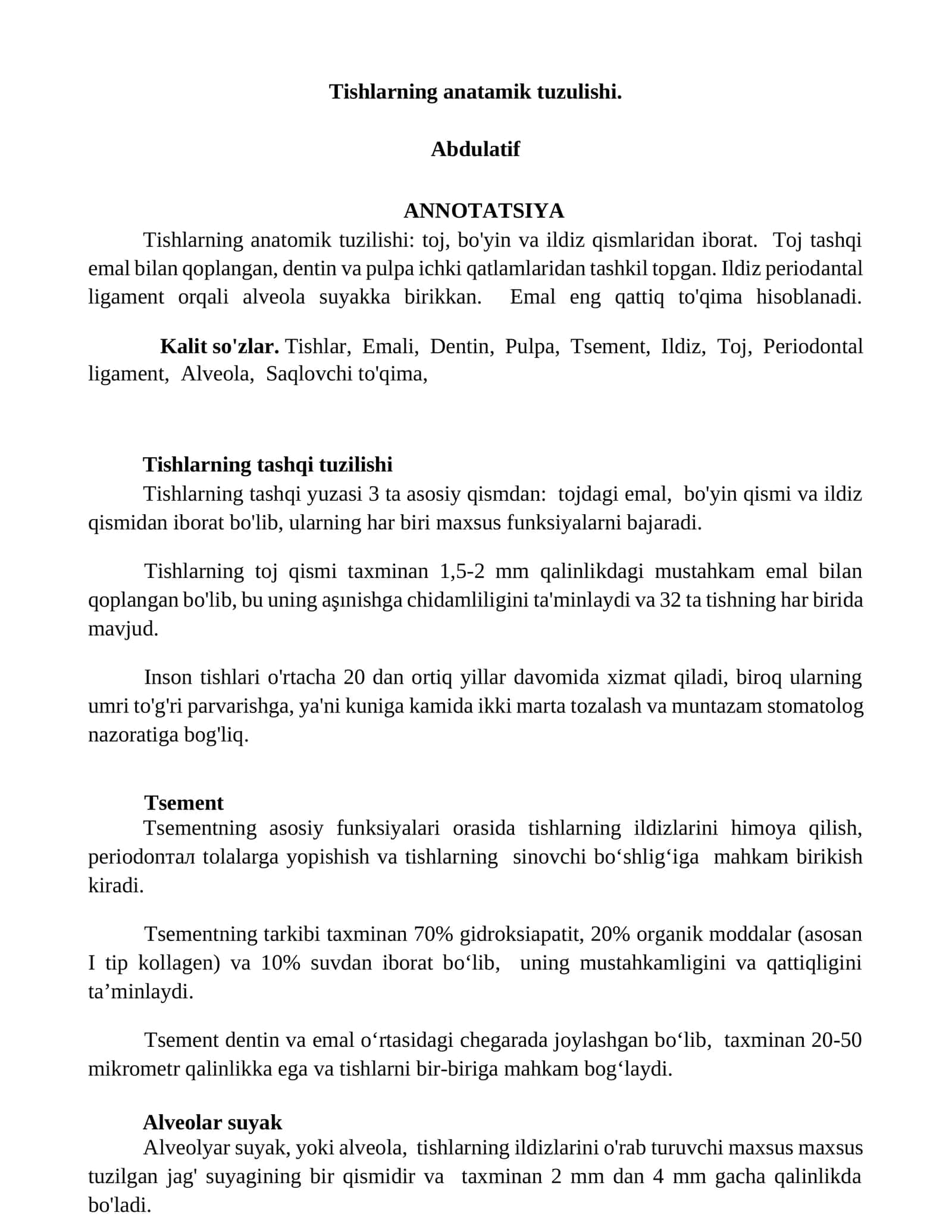 Tishlarning anatamik tuzulishi