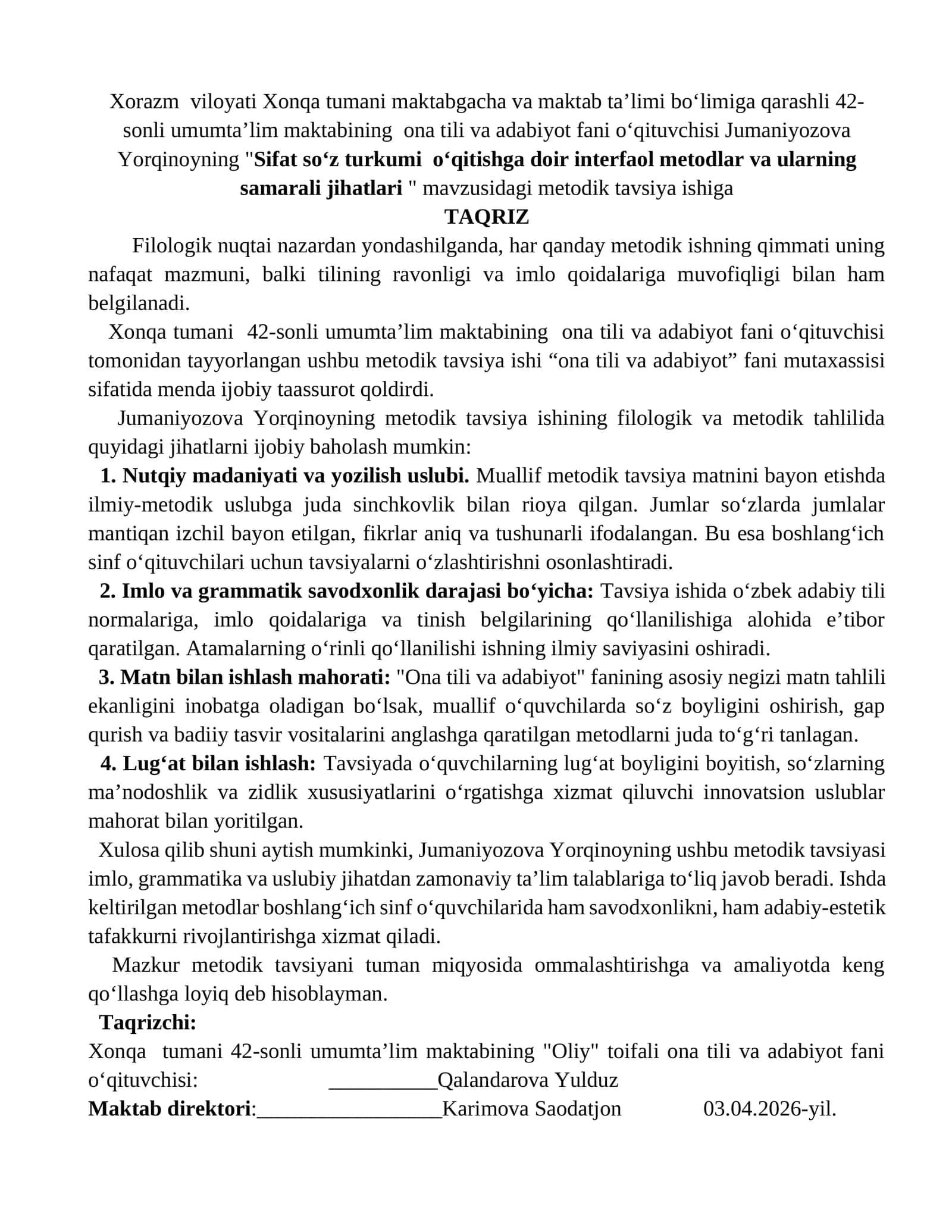 Metodik tavsiyaga taqriz ona tili fanidan