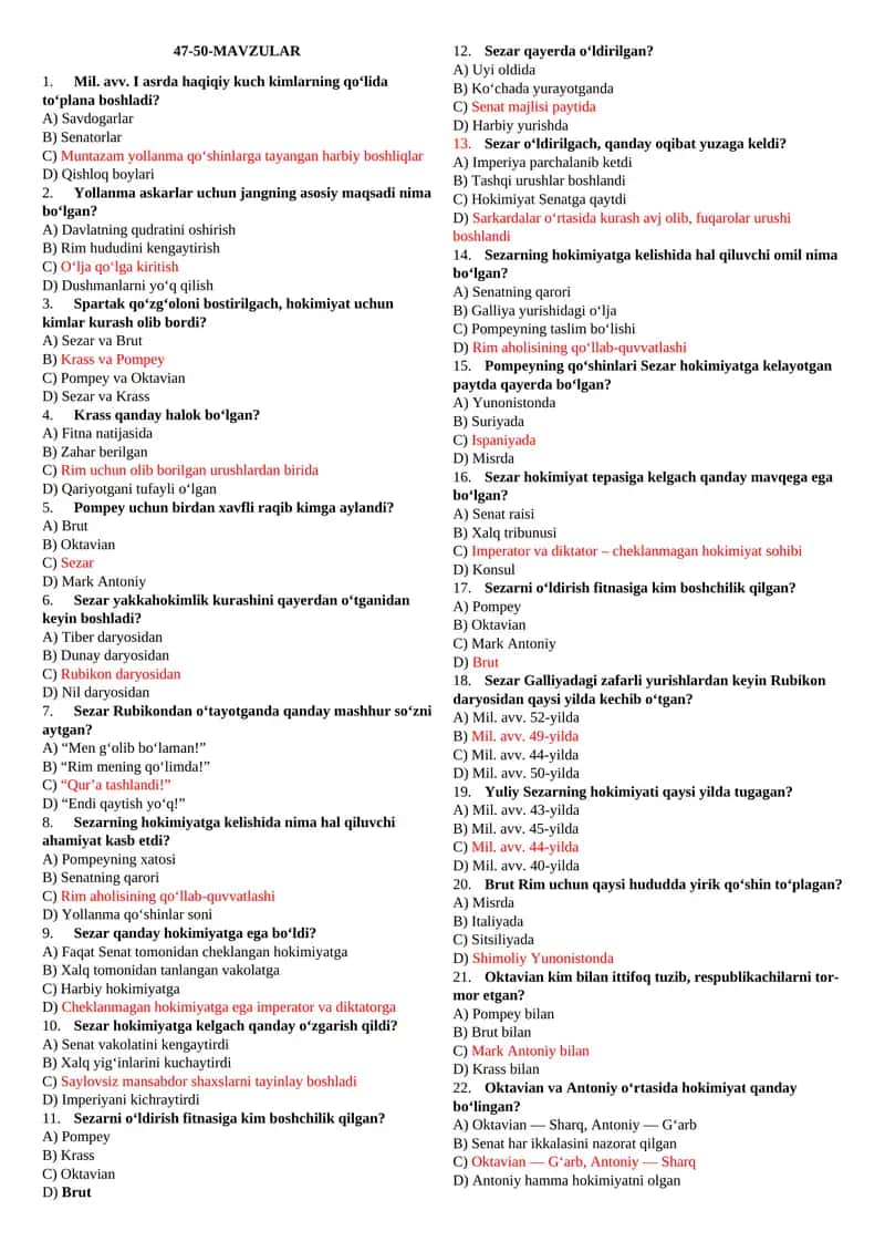 6-SINF TARIX MAVZULASHTIRILGAN TESTLAR 47-50-MAVZULAR