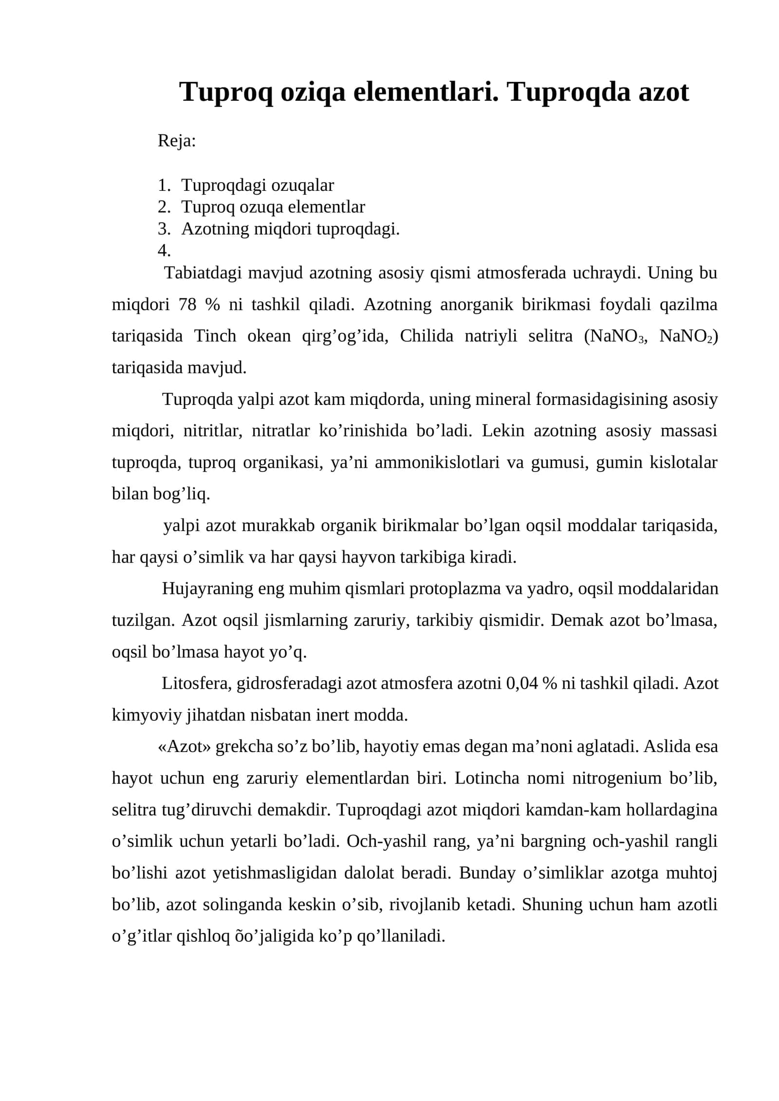 Tuproq oziqa elementlari. Tuproqda azot