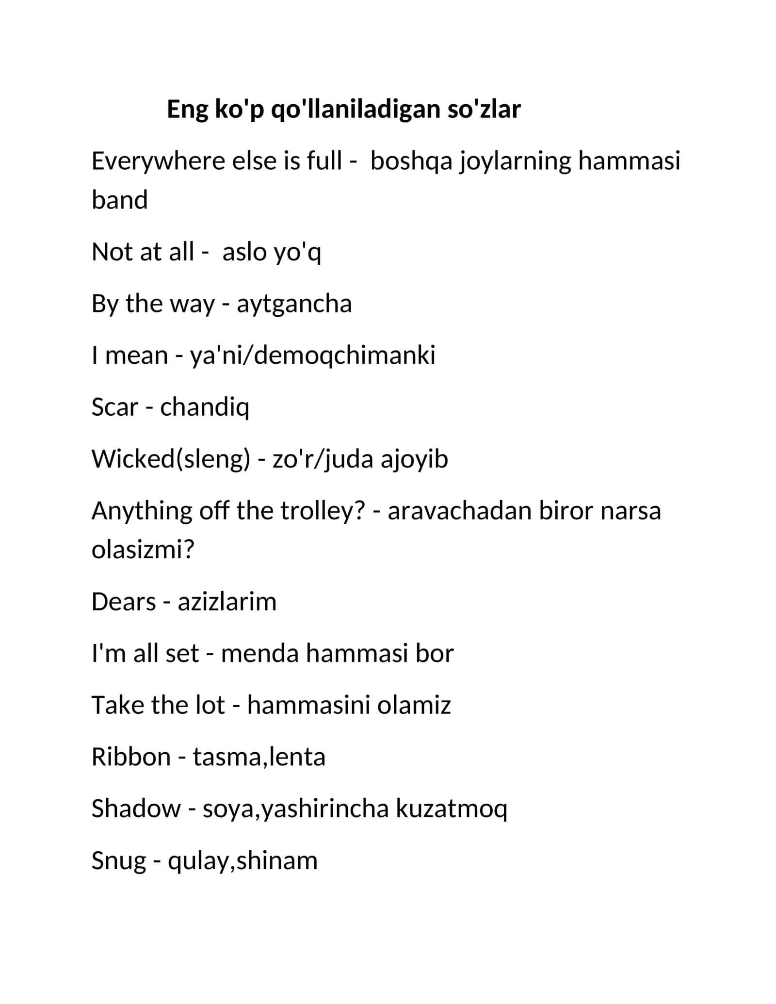 Ingliz tilida eng koʻp qoʻllaniladigan soʻzlar tarjimasi bilan ingliz tili