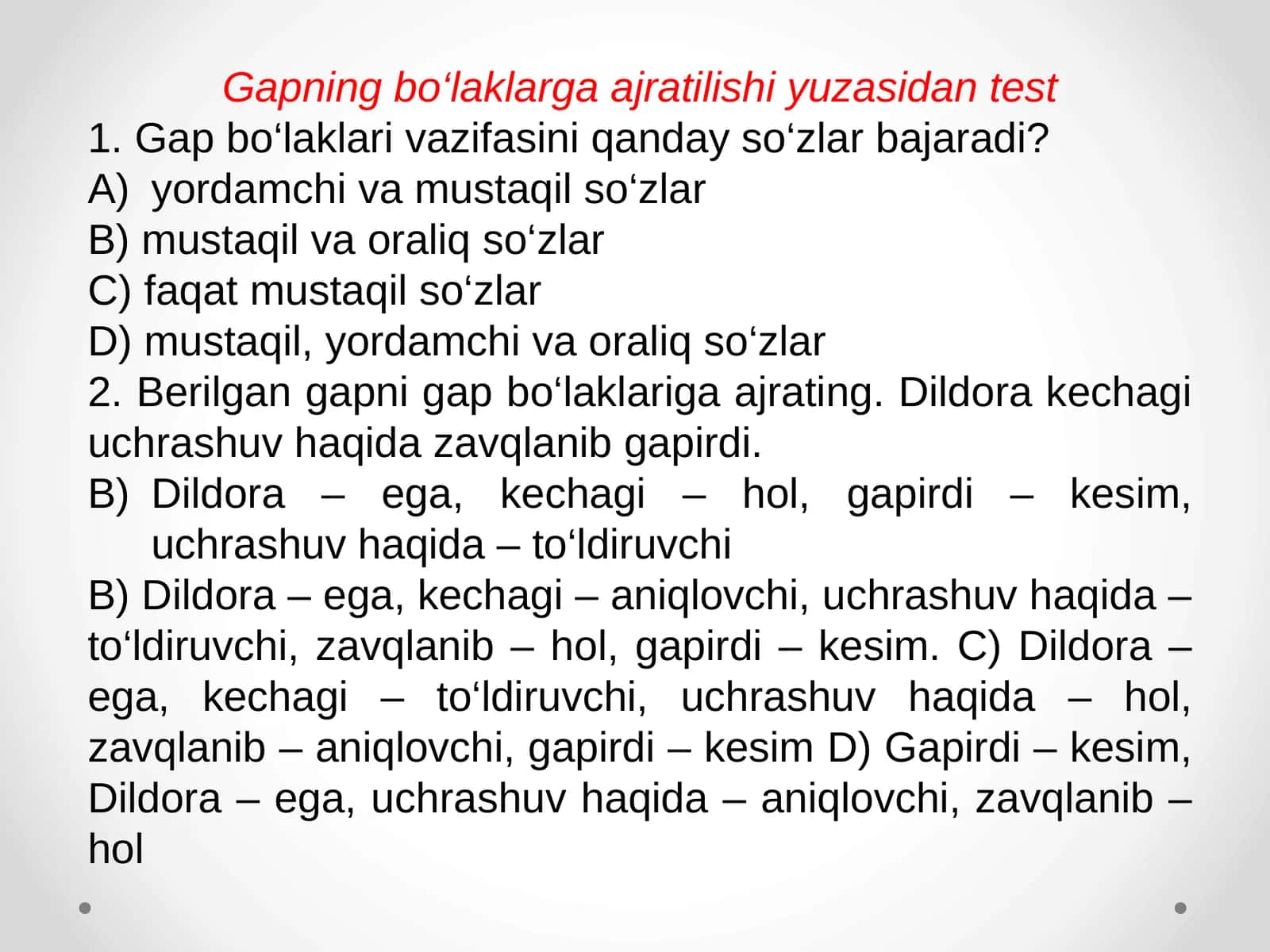 Gapning bo‘laklarga ajratilishi yuzasidan test