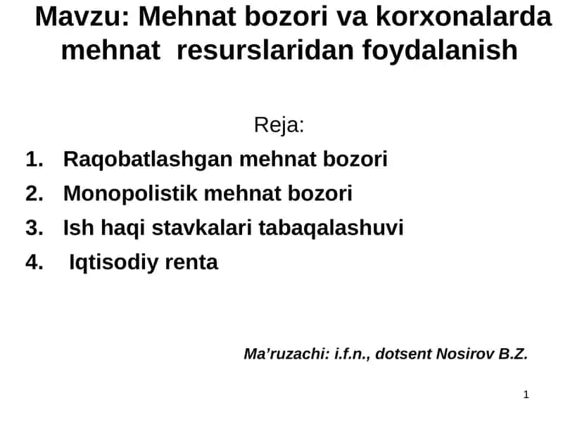 Mehnat bozori va korxonalarda mehnat resurslaridan foydalanish