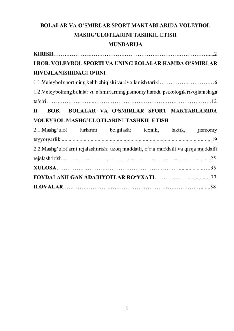 BOLALAR VA O‘SMIRLAR SPORT MAKTABLARIDA VOLEYBOL MASHG’ULOTLARINI TASHKIL ETISH