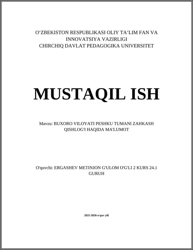 BUXORO VILOYATI PESHKU TUMANI ZAHKASH QISHLOG'I HAQIDA MA'LUMOT
