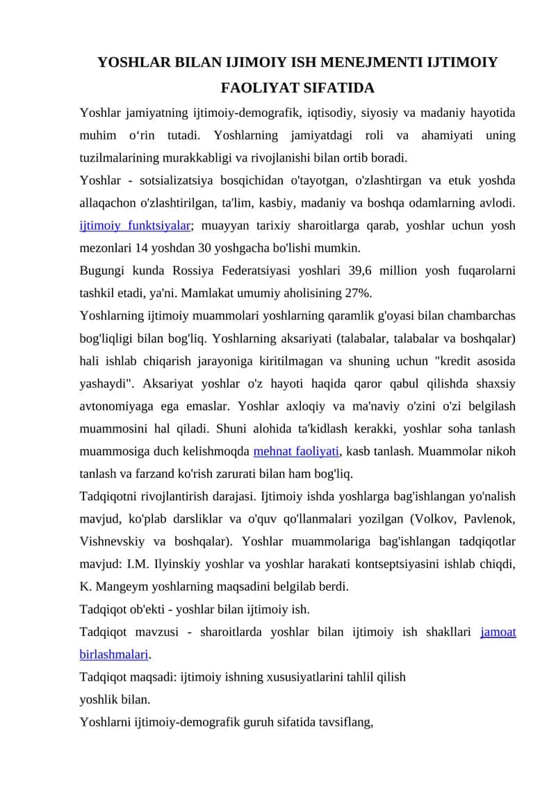 Yoshlar bilan Ijimoiy Ish Menejmenti Ijtimoiy Faoliyat Sifatida