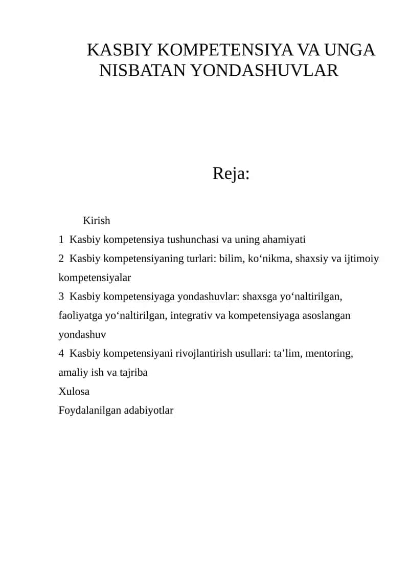 Kasbiy kompetensiya va unga nisbatan yondashuvlar