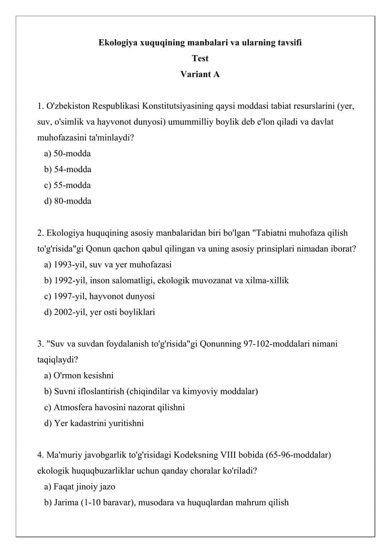 Ekologiya xuquqining manbalari va ularning tavsifi