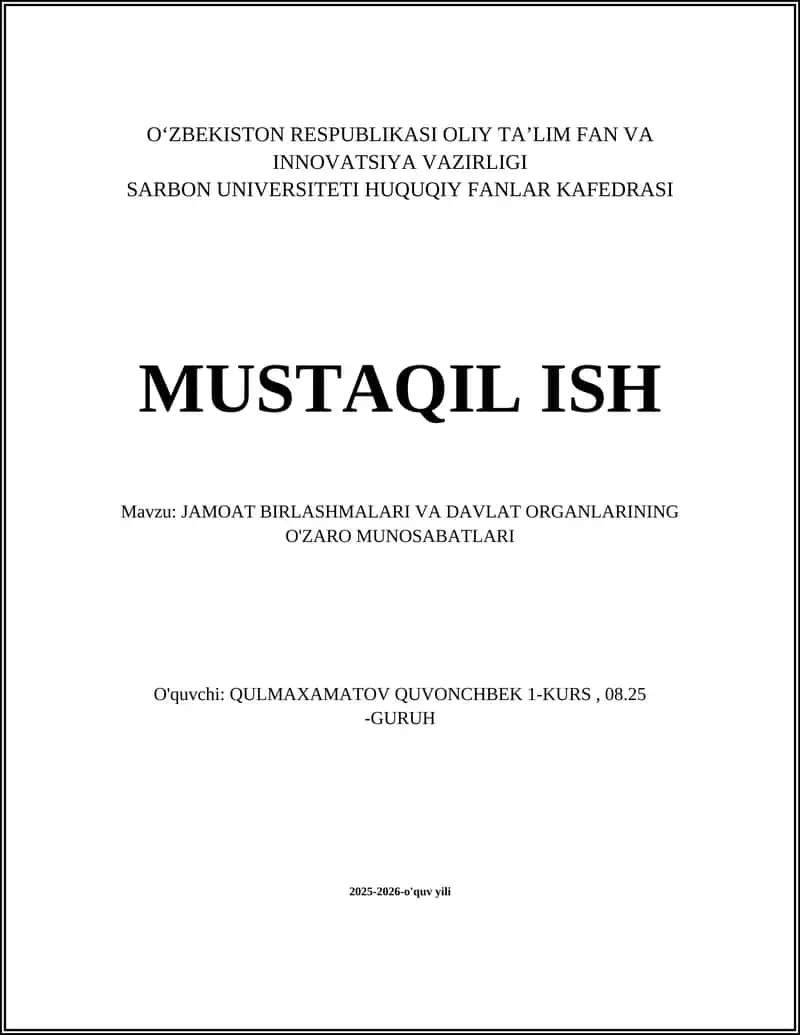 JAMOAT BIRLASHMALARI VA DAVLAT ORGANLARINING O'ZARO MUNOSABATLARI