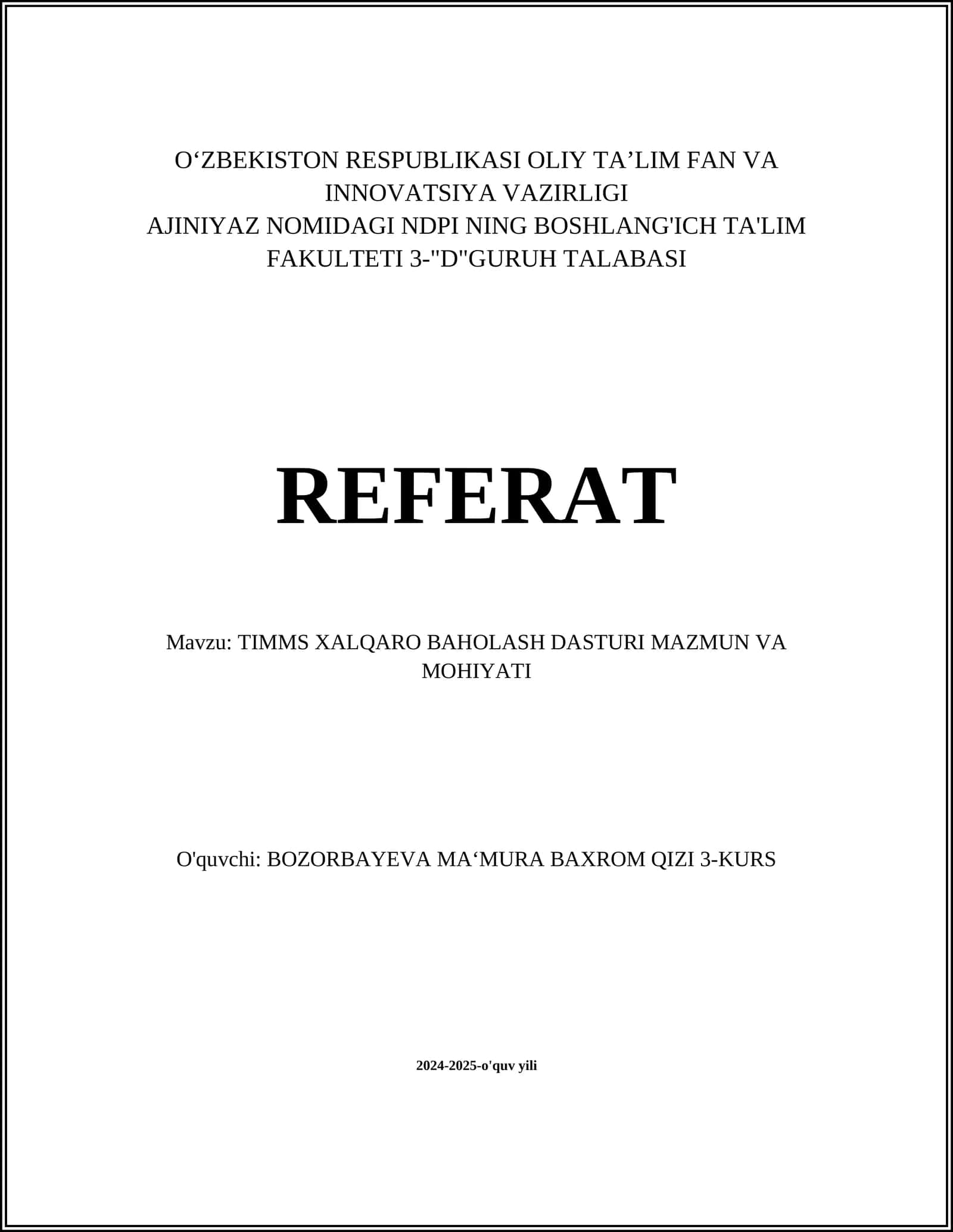 TIMMS XALQARO BAHOLASH DASTURI MAZMUN VA MOHIYATI