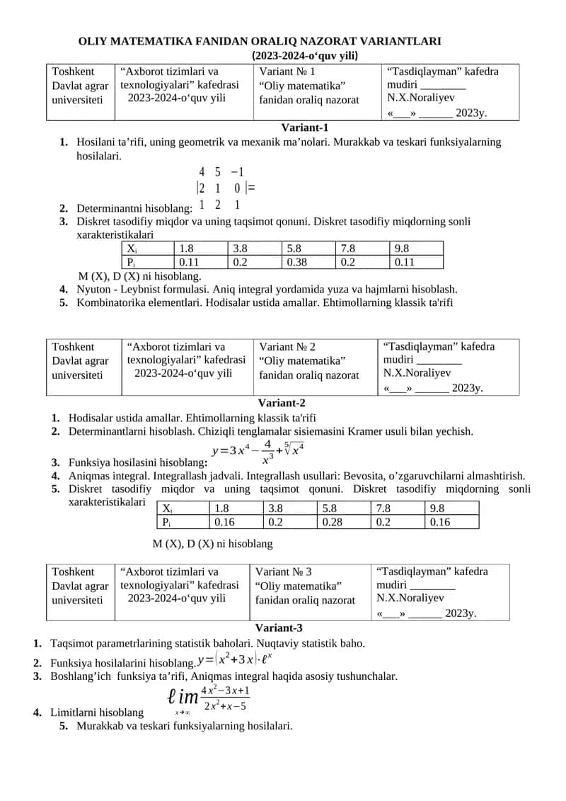 OLIY MATEMATIKA FANIDAN ORALIQ NAZORAT VARIANTLARI