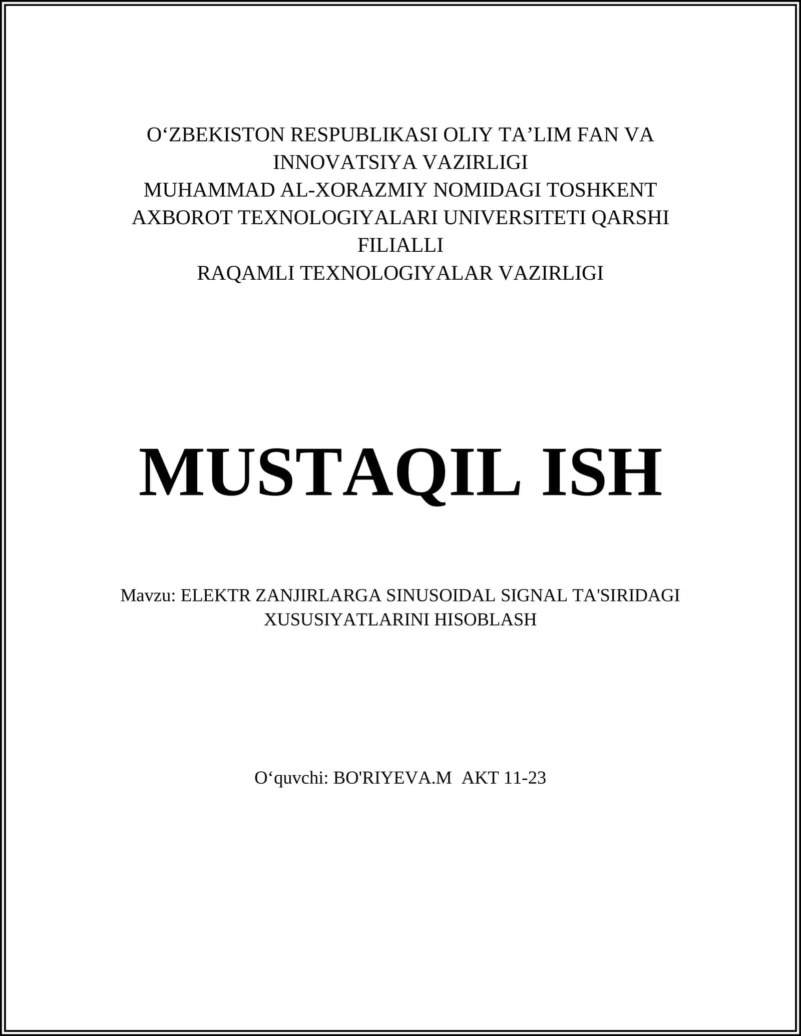ELEKTR ZANJIRLARGA SINUSOIDAL SIGNAL TA'SIRIDAGI XUSUSIYATLARINI HISOBLASH