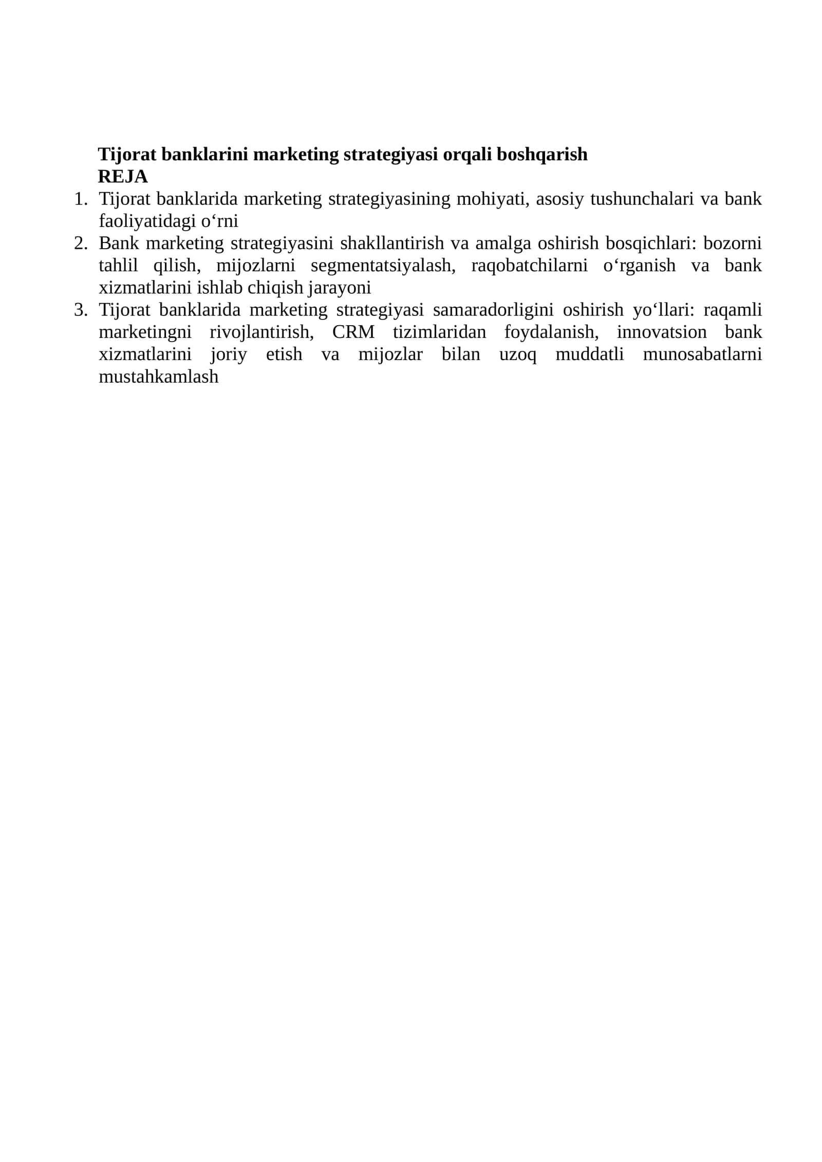 Tijorat banklarini marketing strategiyasi orqali boshqarish