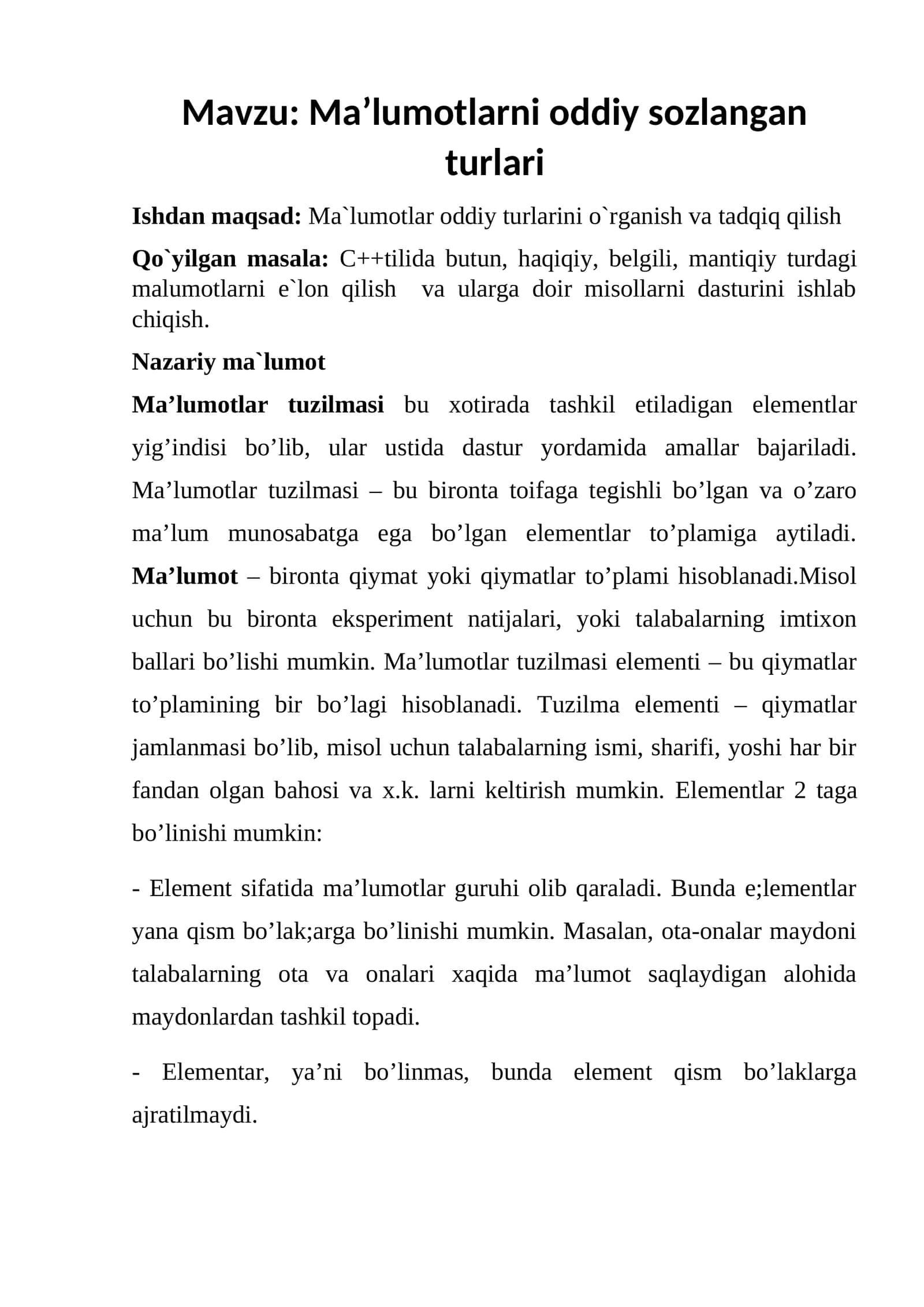 Ma’lumotlarni oddiy sozlangan turlari