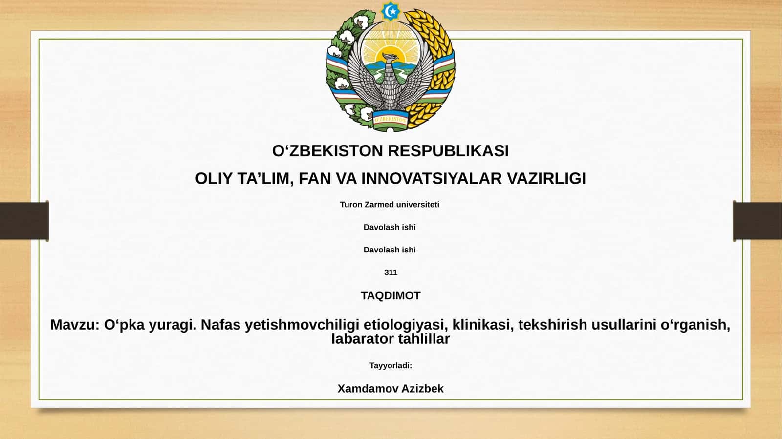 Oʻpka yuragi. Nafas yetishmovchiligi etiologiyasi, klinikasi, tekshirish usullarini oʻrganish, labarator tahlillar