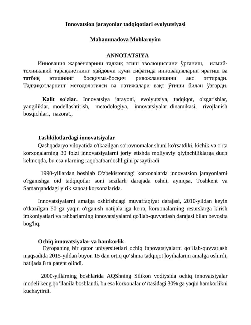 Innovatsion jarayonlar tadqiqotlari evolyutsiyasi