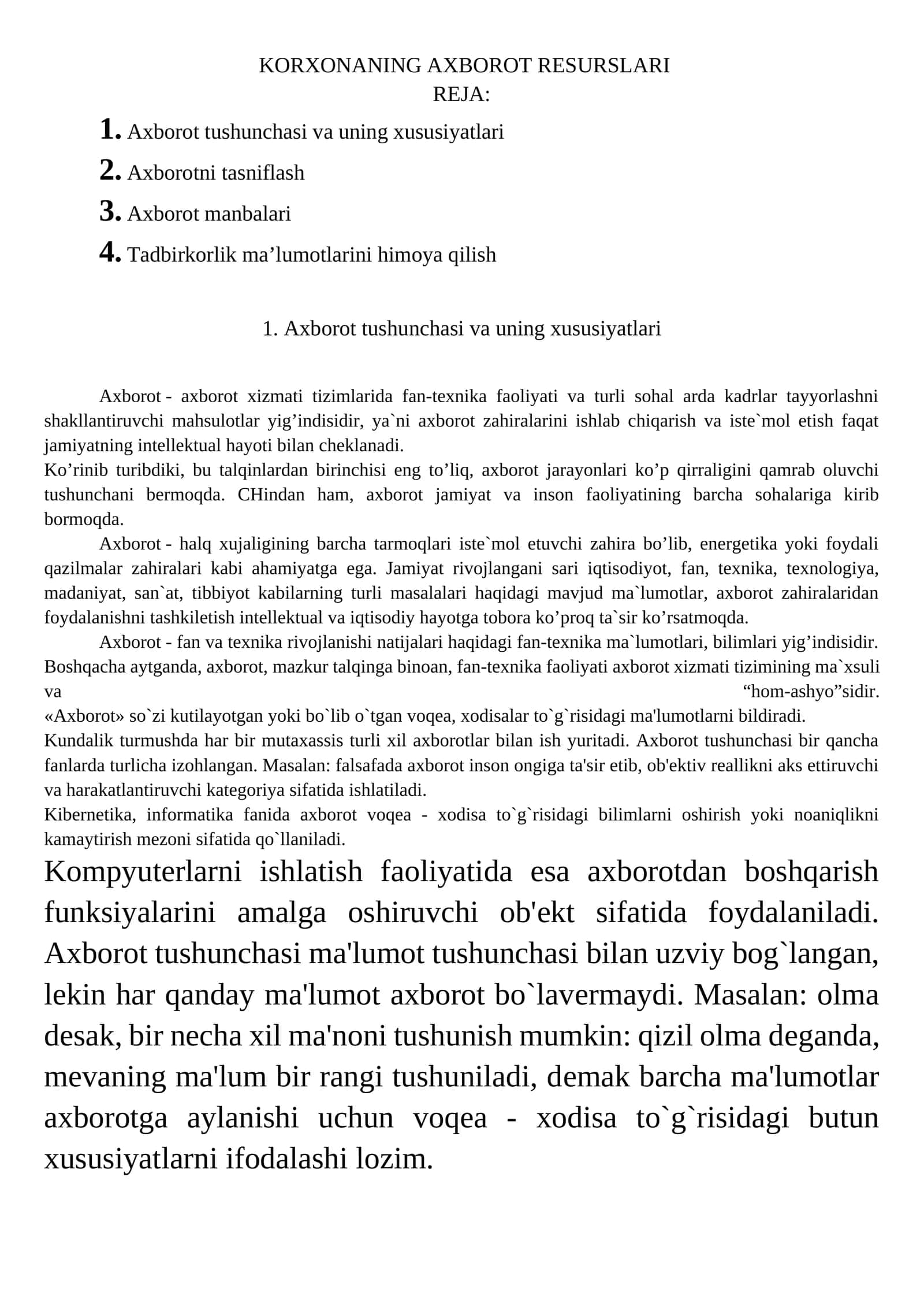 Axborot Tushunchasi va Uning Xususiyatlari