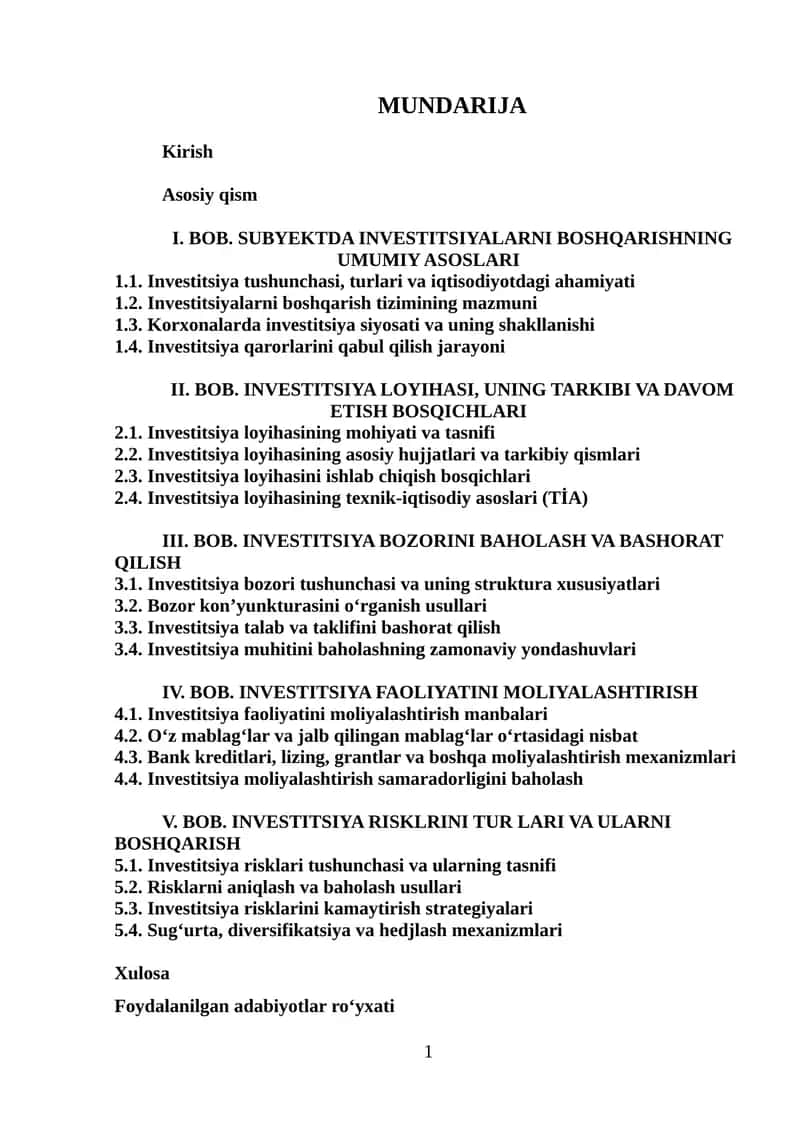 Investitsiyalar va moliyalashtirish
