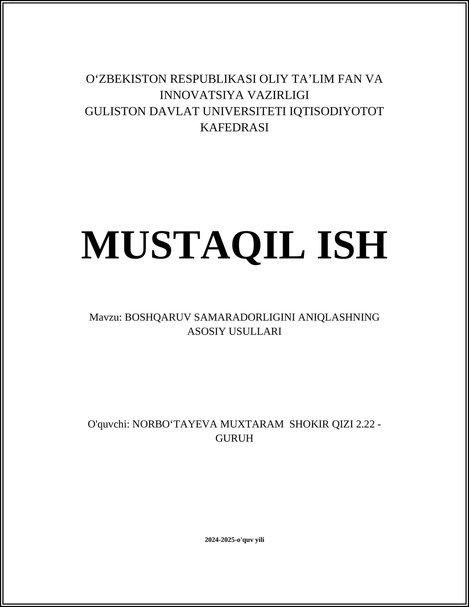 BOSHQARUV SAMARADORLIGINI ANIQLASHNING ASOSIY USULLARI