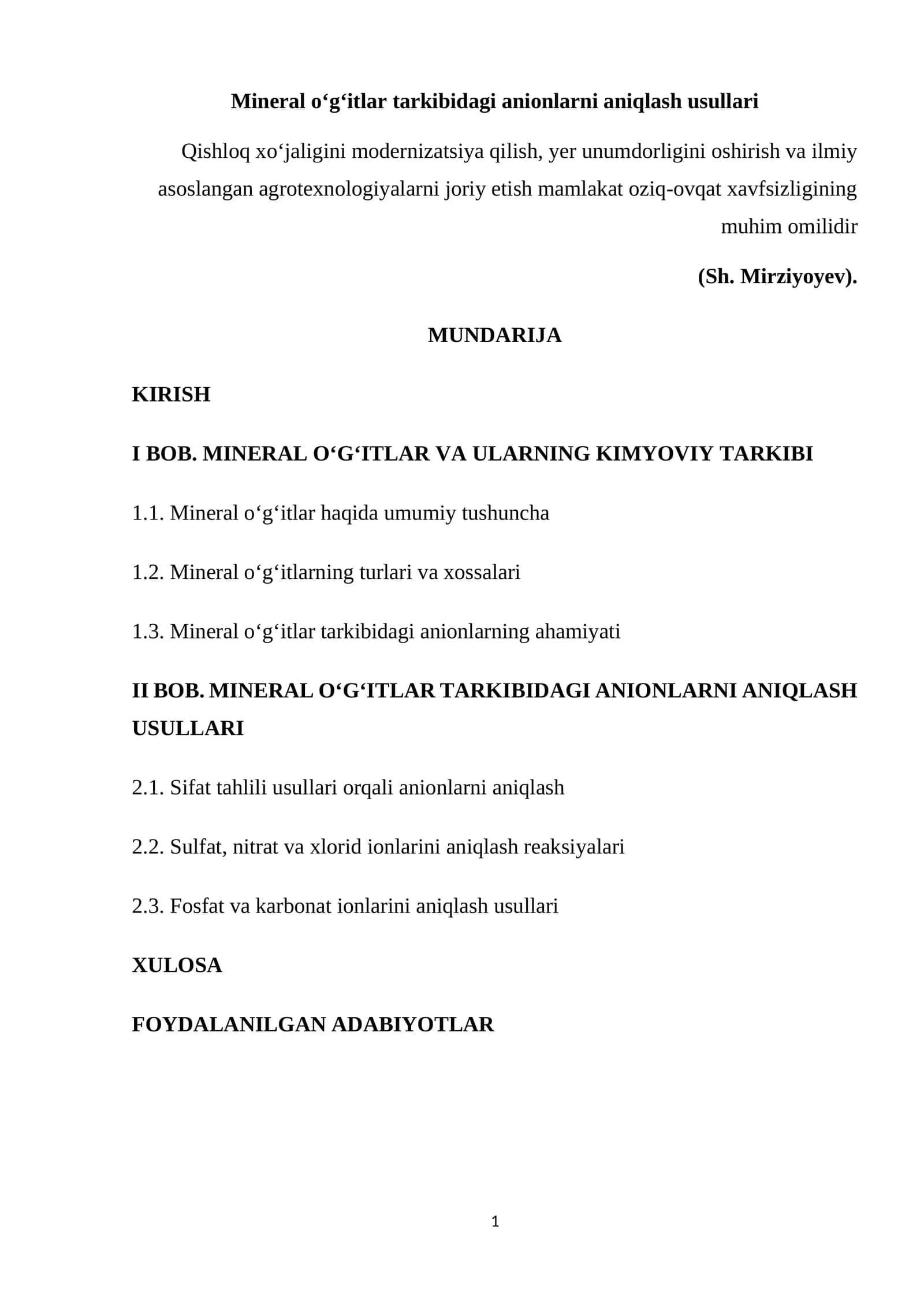 Mineral oʻgʻitlar tarkibidagi anionlarni aniqlash usullari