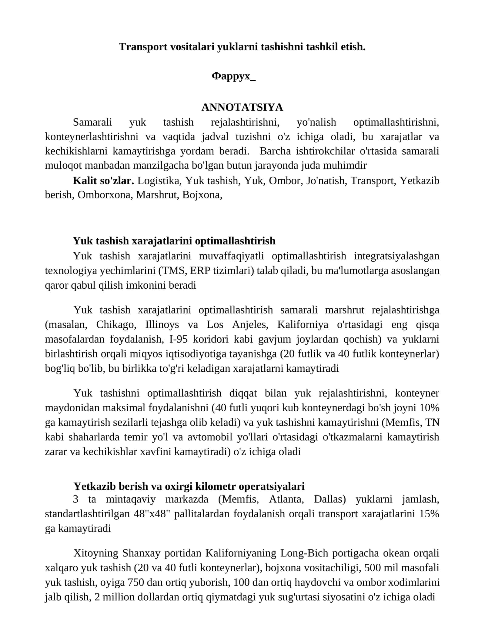 Yuk tashish xarajatlarini optimallashtirish