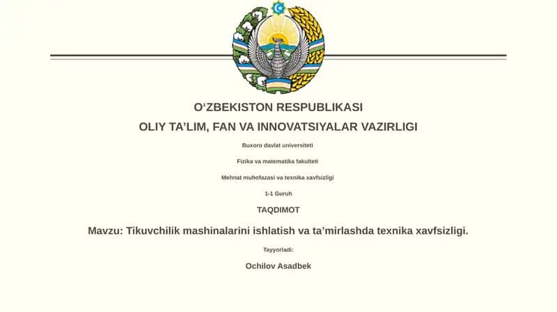 Tikuvchilik mashinalarini ishlatish va ta’mirlashda texnika xavfsizligi