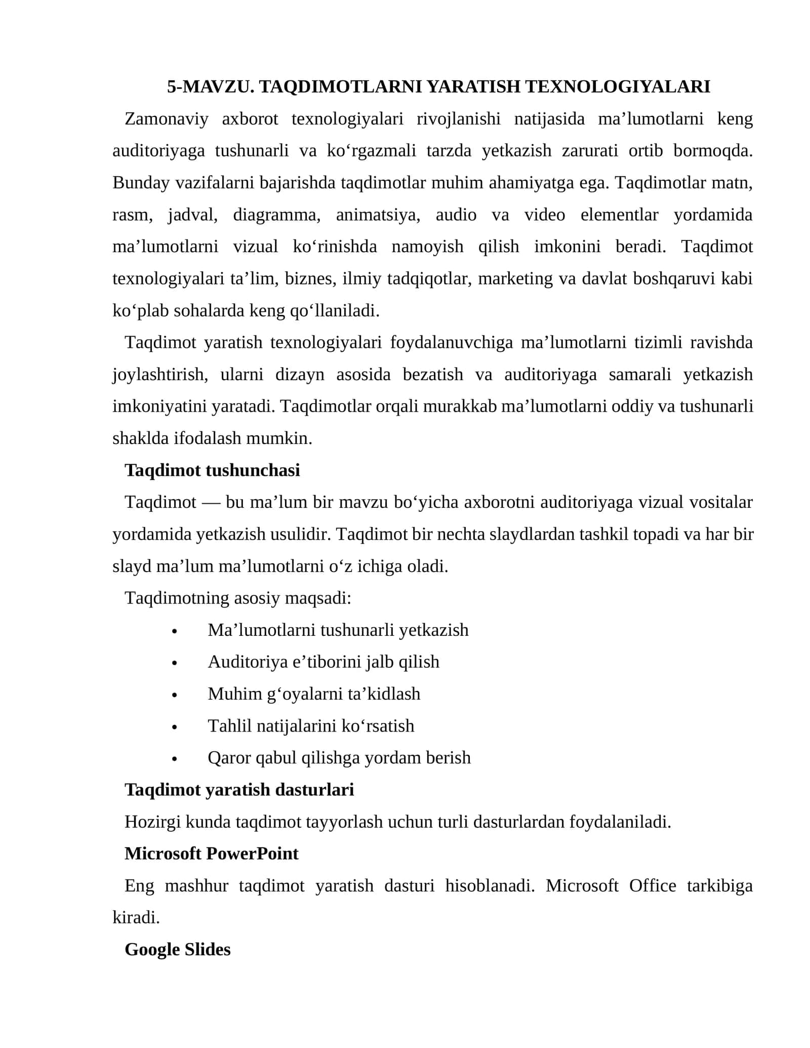Taqdimotlarni Yaratish Texnologiyalari