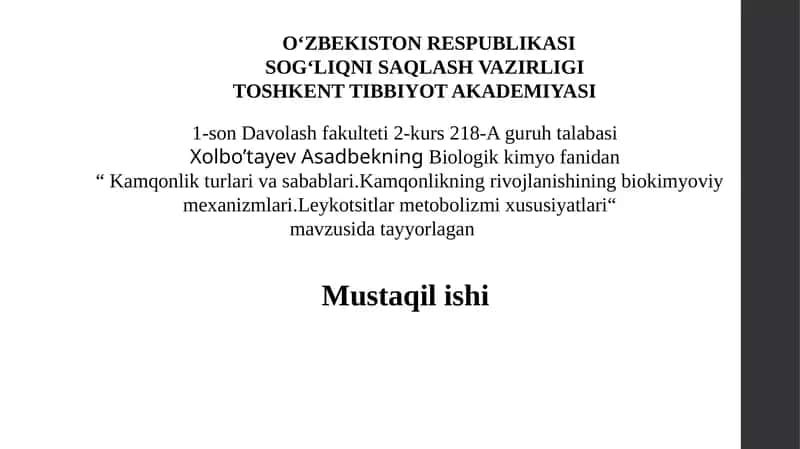 Kamqonlikning rivojlanishining biokimyoviy mexanizmlari