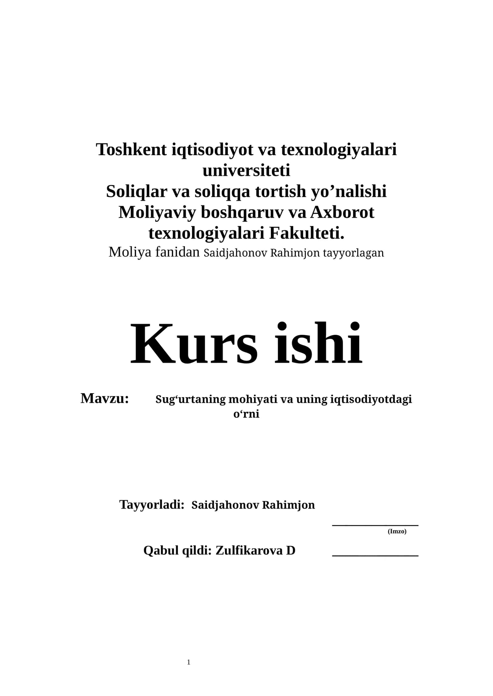 SugʻSugʻurtaning mohiyati va uning iqtisodiyotdagi oʻrni