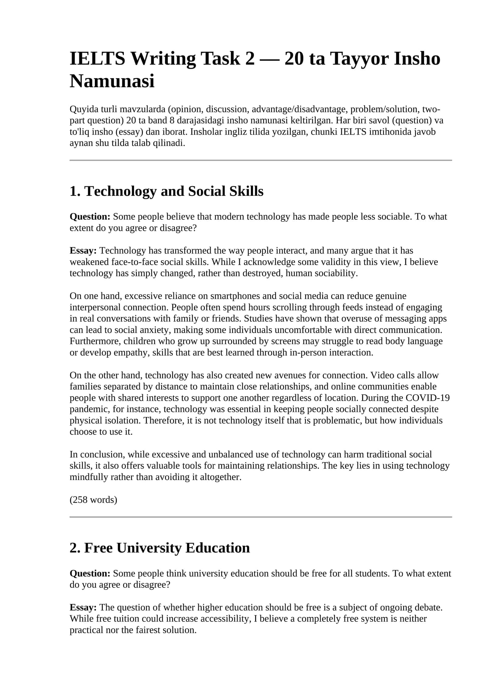 IELTS Writing uchun 20 ta tayyor insho namunasi