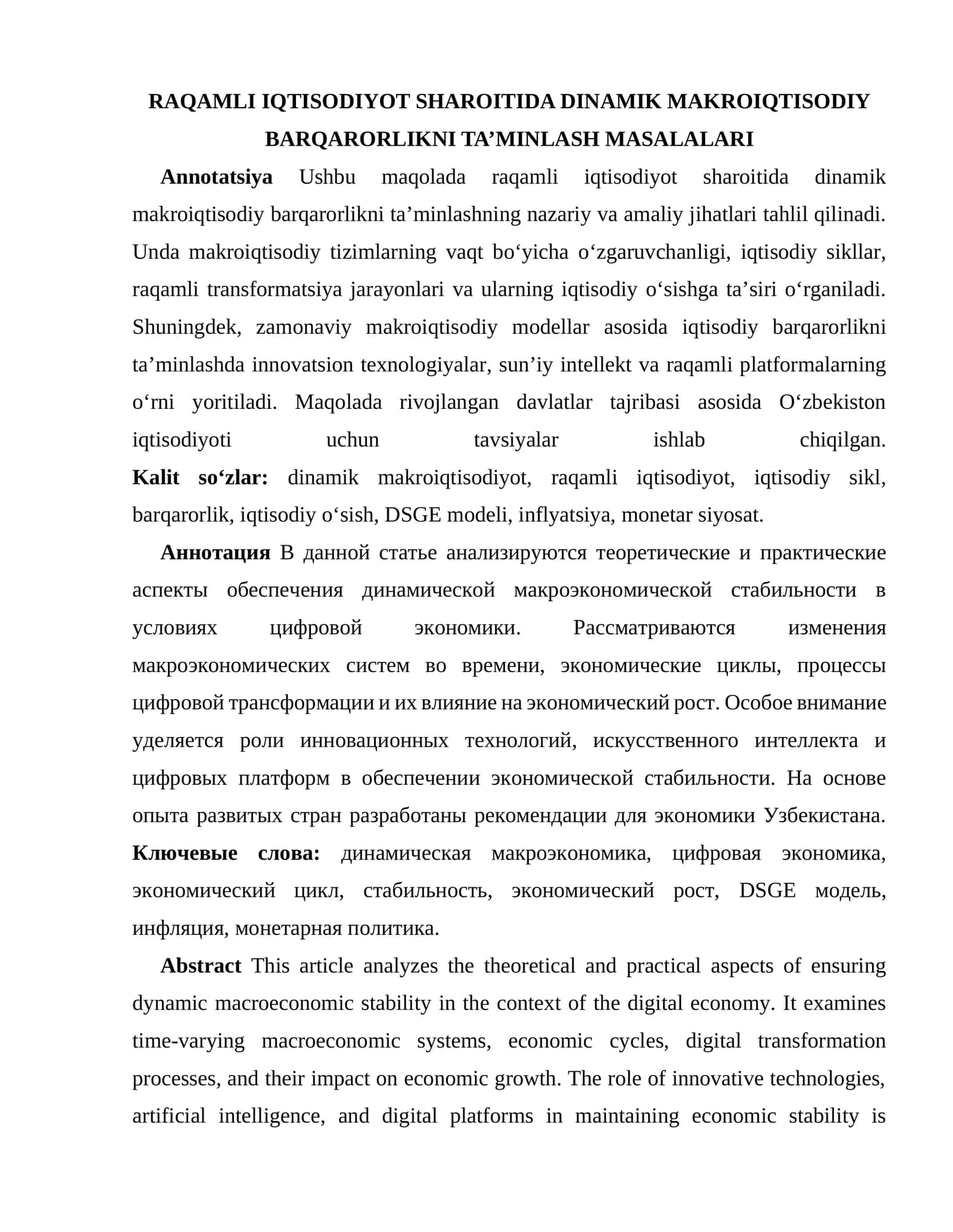 RAQAMLI IQTISODIYOT SHAROITIDA DINAMIK MAKROIQTISODIY BARQARORLIKNI TA’MINLASH MASALALARI