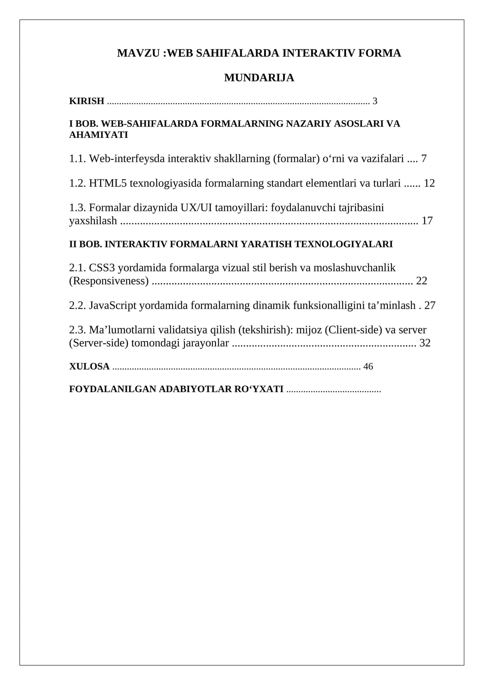 WEB SAHIFALARDA INTERAKTIV FORMA