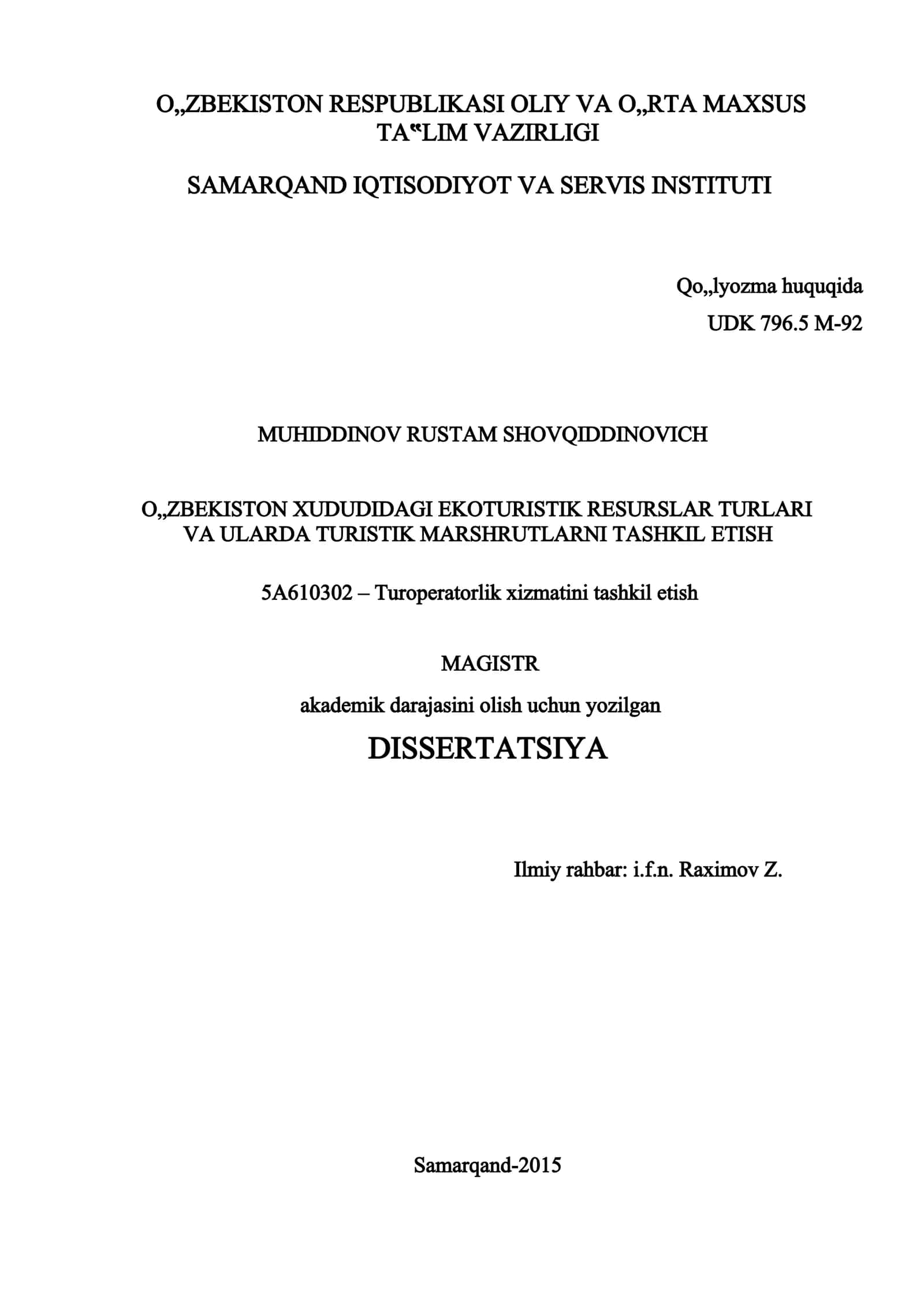 O„ZBEKISTON XUDUDIDAGI EKOTURISTIK RESURSLAR TURLARI