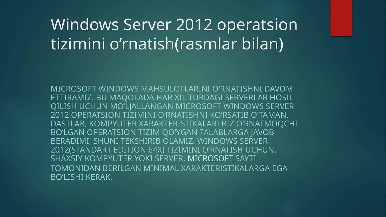 Windows Server 2012 operatsion tizimini o'rnatish