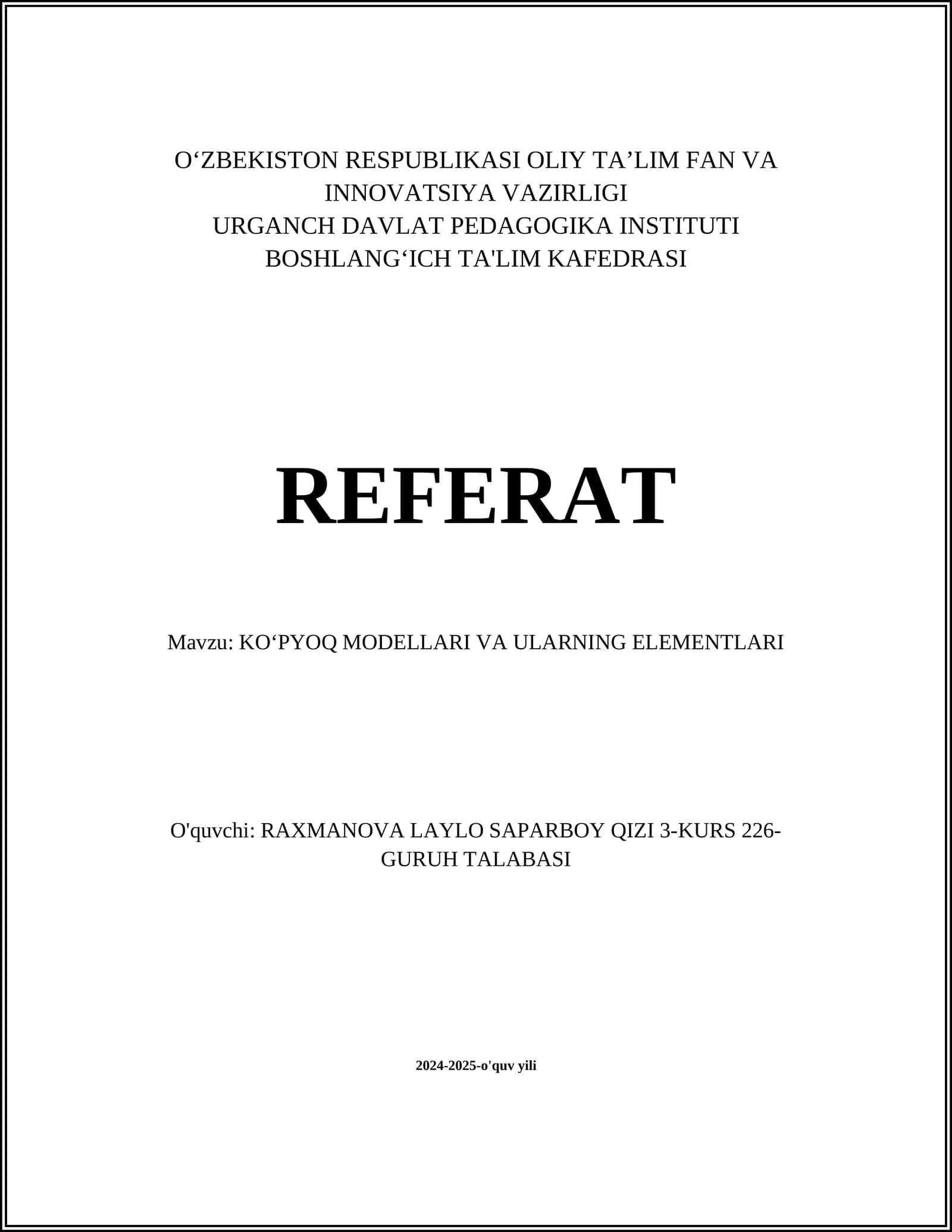 KO‘PYOQ MODELLARI VA ULARNING ELEMENTLARI
