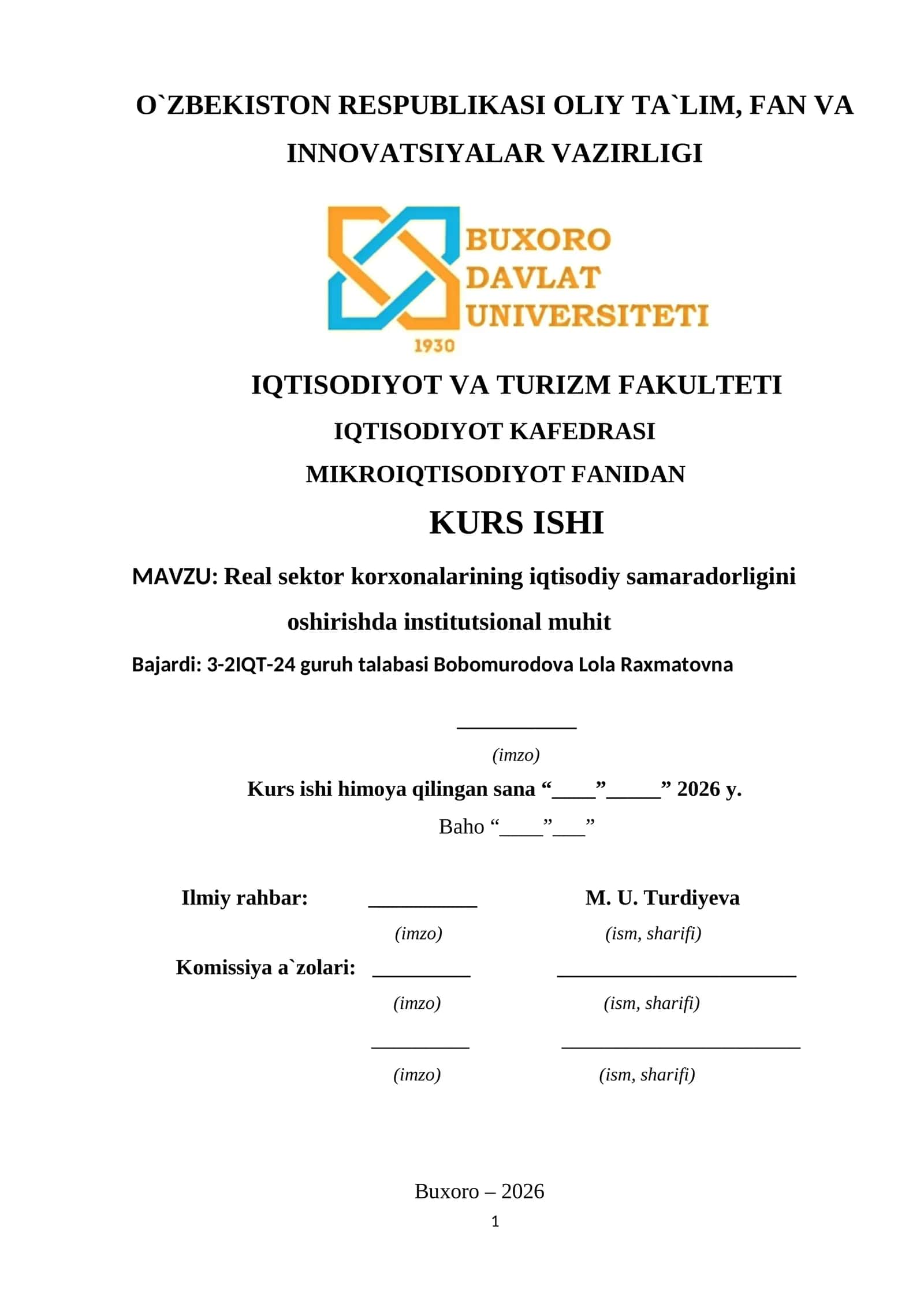 Real sektor korxonalarining iqtisodiy samaradorligini oshirishda institutsional muhit